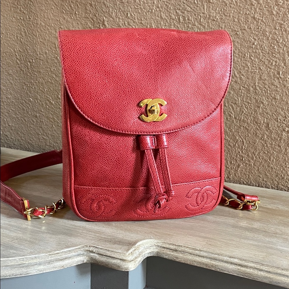 CHANEL  Authentic Red Vintage Backpack Triple CC Purse . Gold Plated Hardware